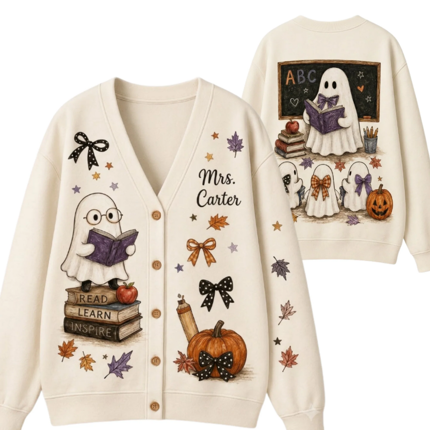 Personalized Teacher Cardigan Sweater-Halloween Reading Ghost