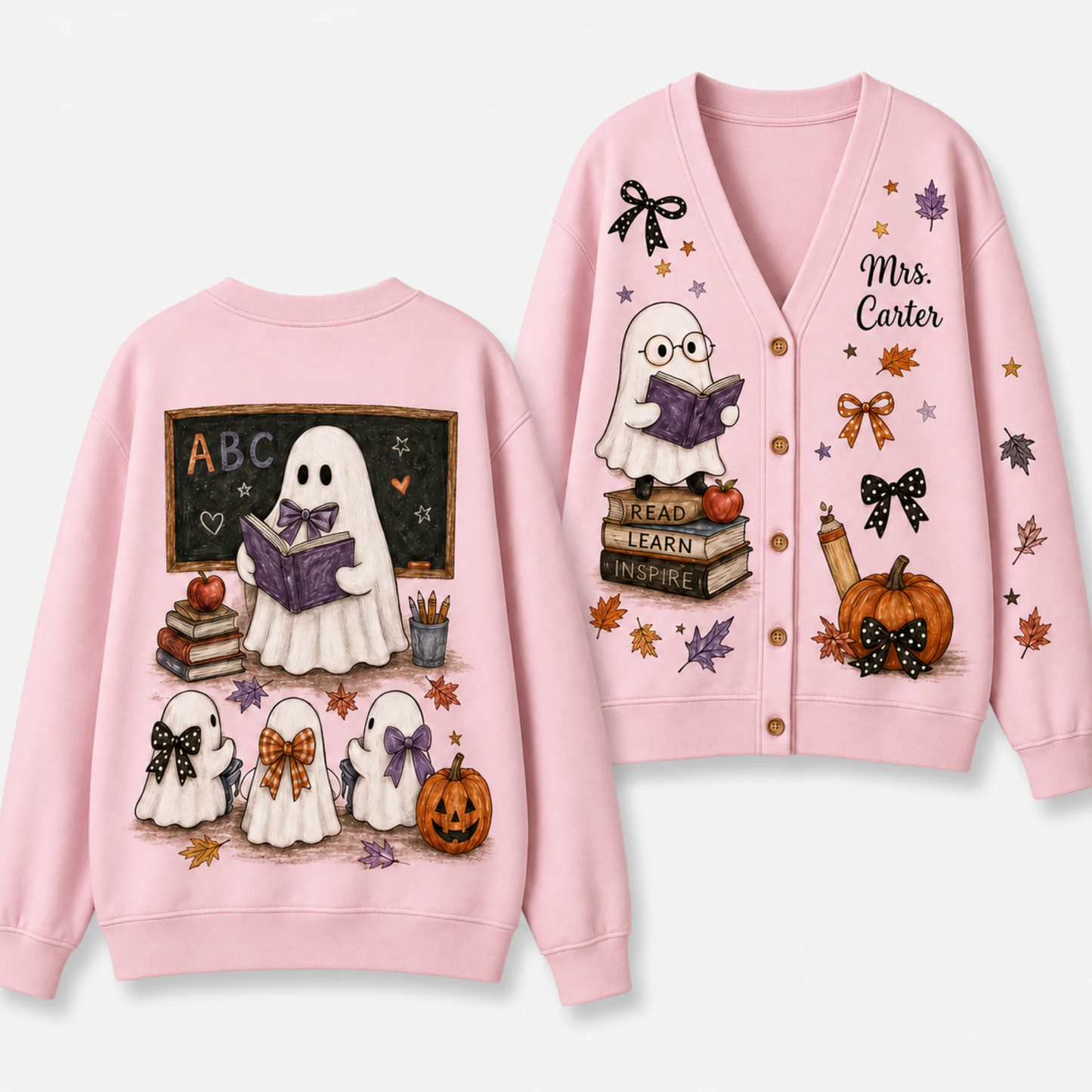 Personalized Teacher Cardigan Sweater-Halloween Reading Ghost