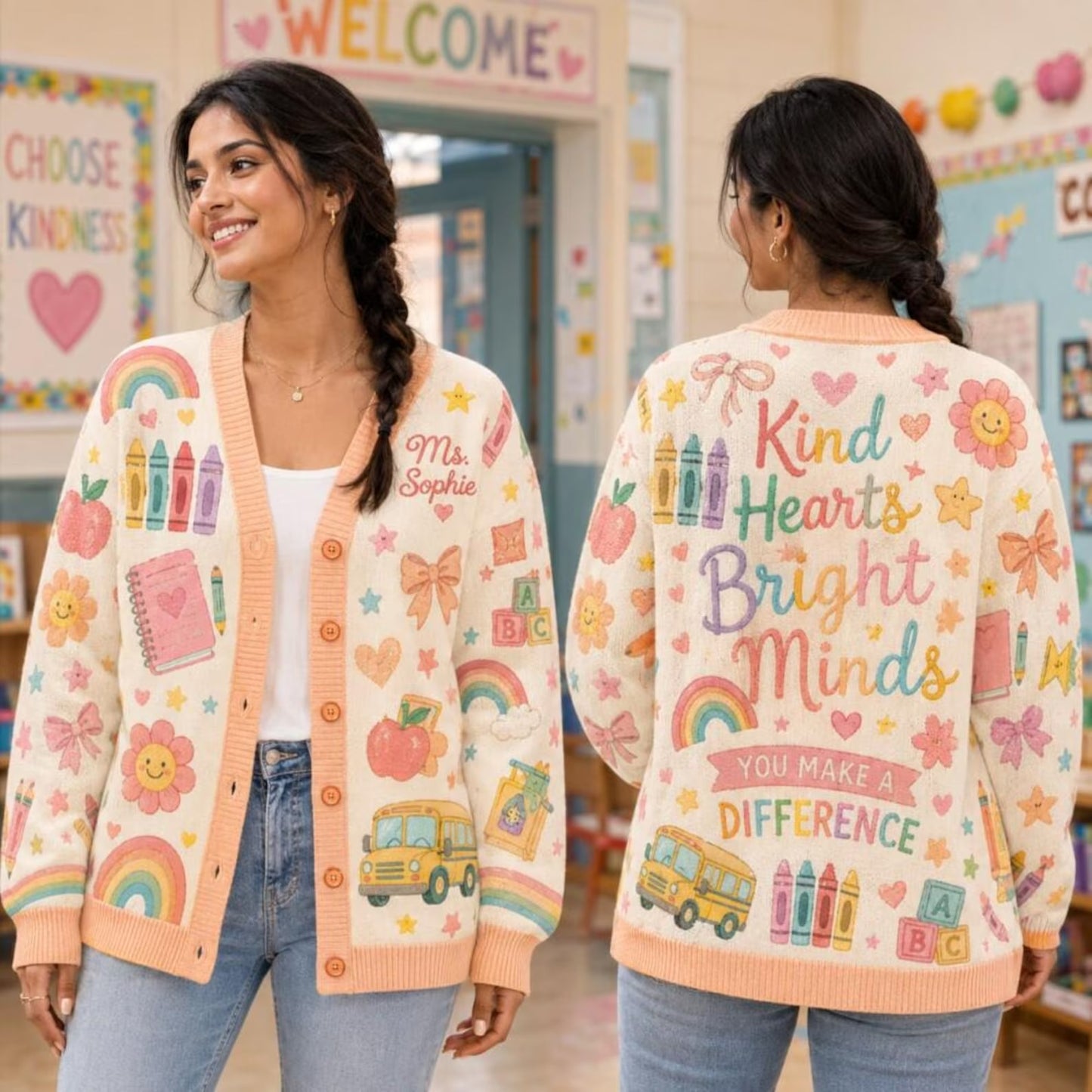 Personalized Teacher Cardigan Sweater - Kind Hearts Bright Minds