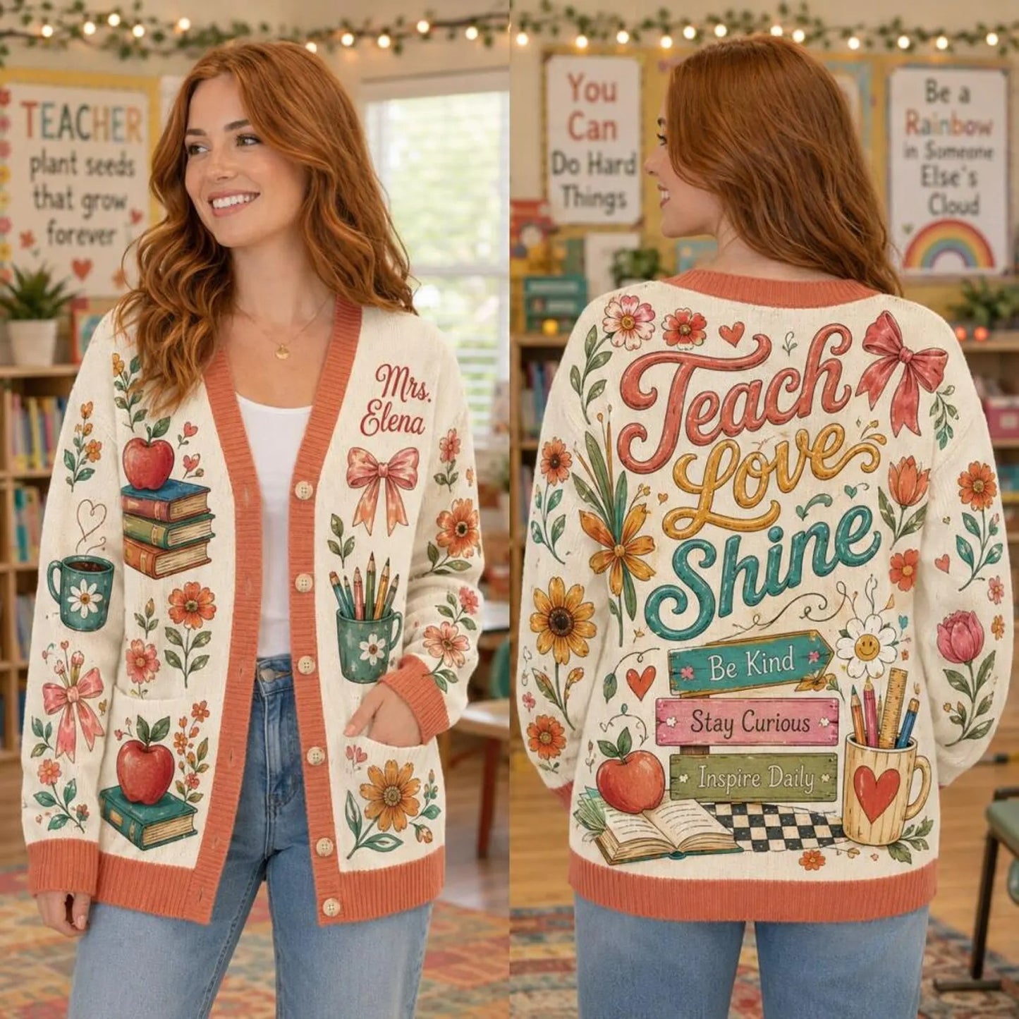 Personalized Teacher Cardigan Sweater- Teach love shine