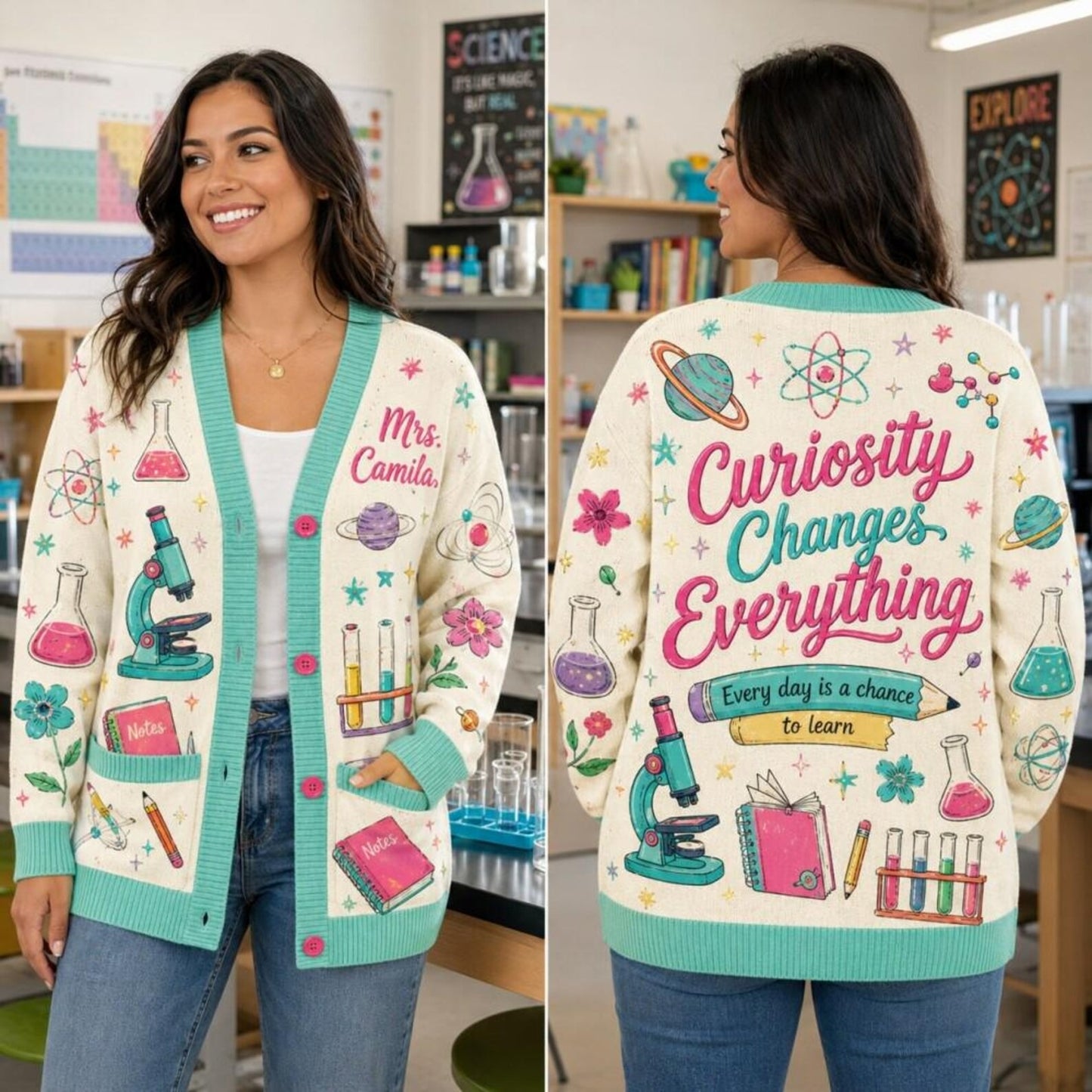 Personalized Science Teacher Cardigan Sweater- Curiosity changes everything