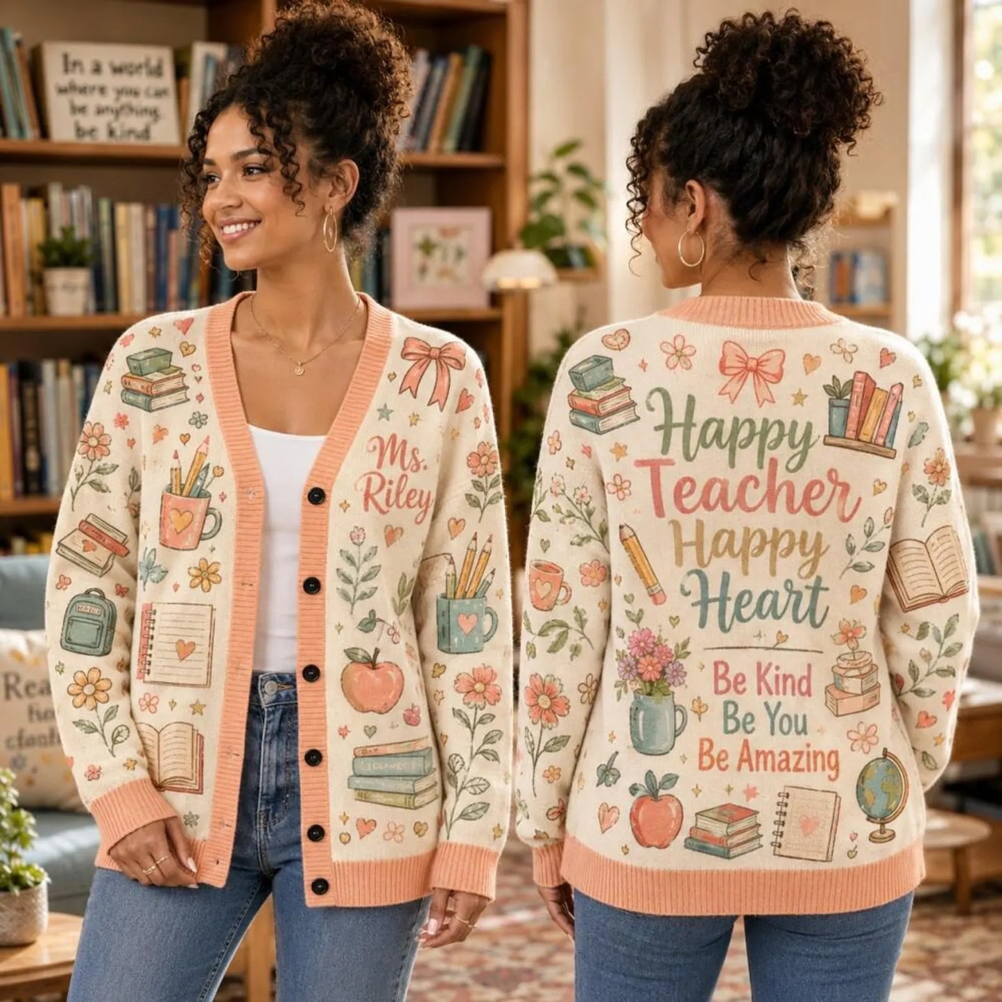 Personalized Teacher Cardigan Sweater-Happy Teacher Happy heart