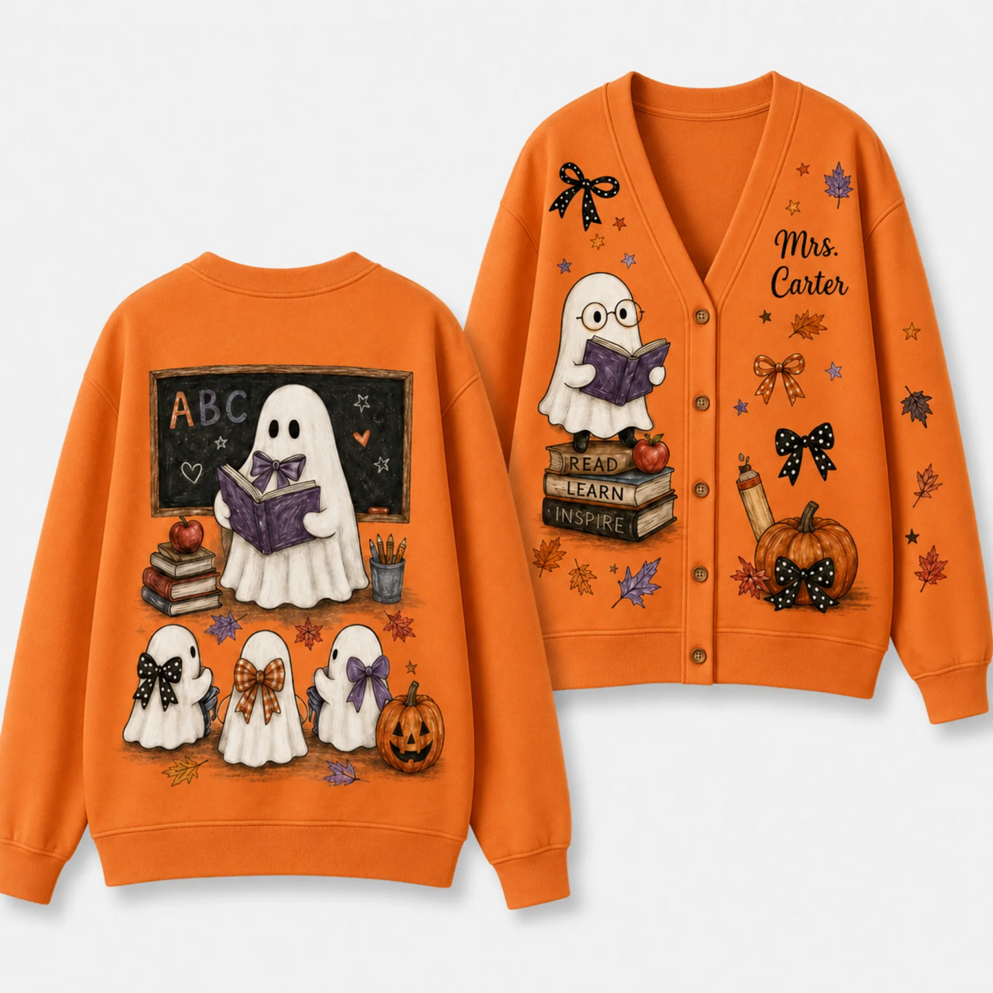 Personalized Teacher Cardigan Sweater-Halloween Reading Ghost