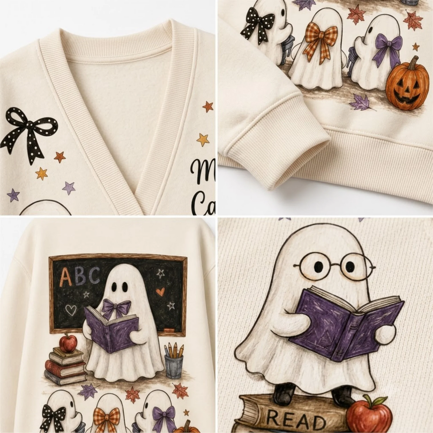Personalized Teacher Cardigan Sweater-Halloween Reading Ghost