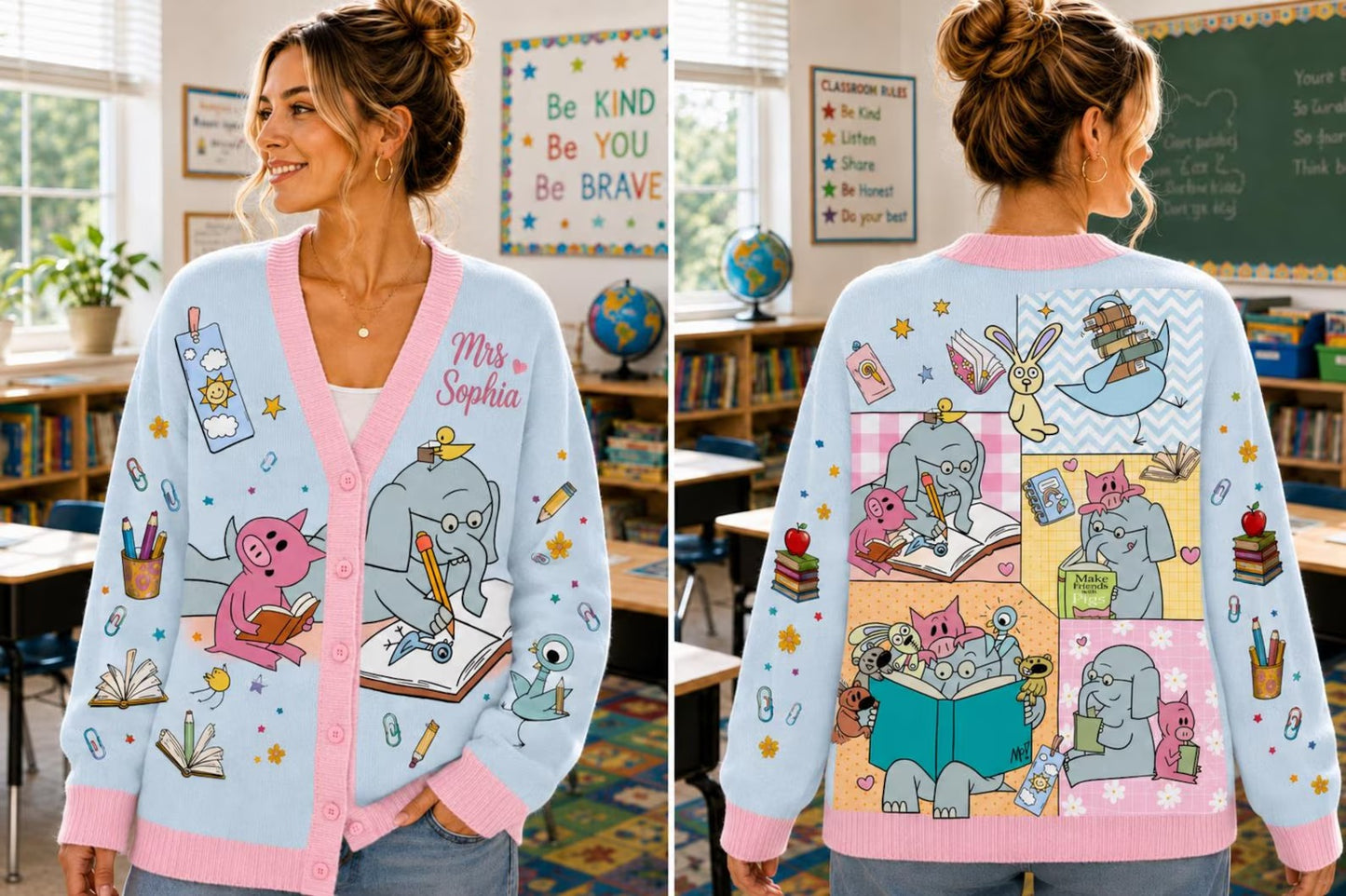 Personalized Teacher Cardigan Sweater-Elephant Piggie Reading