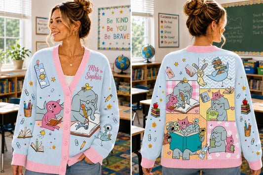 Personalized Teacher Cardigan Sweater-Elephant Piggie Reading