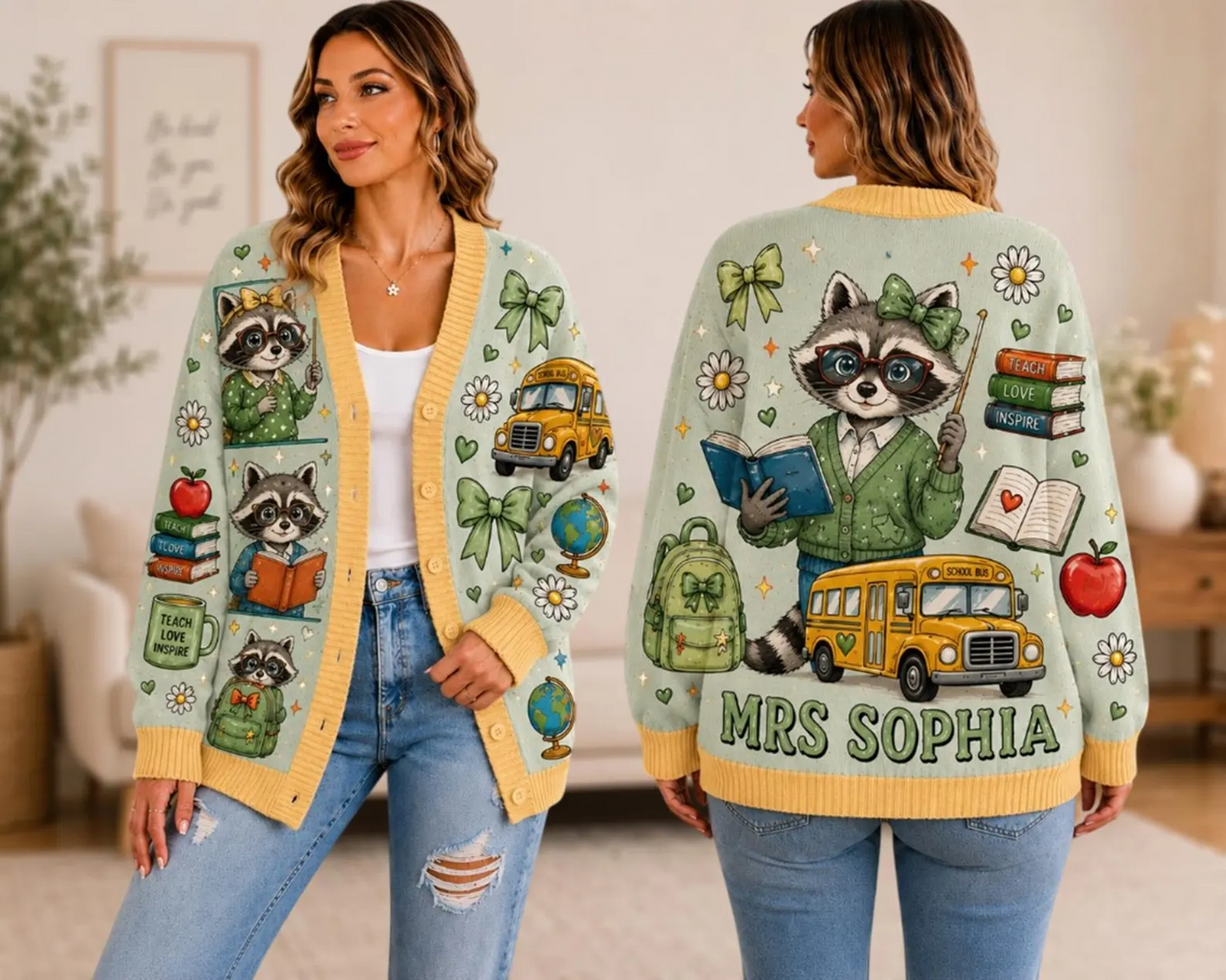 Personalized Raccoon Teacher Cardigan Sweater