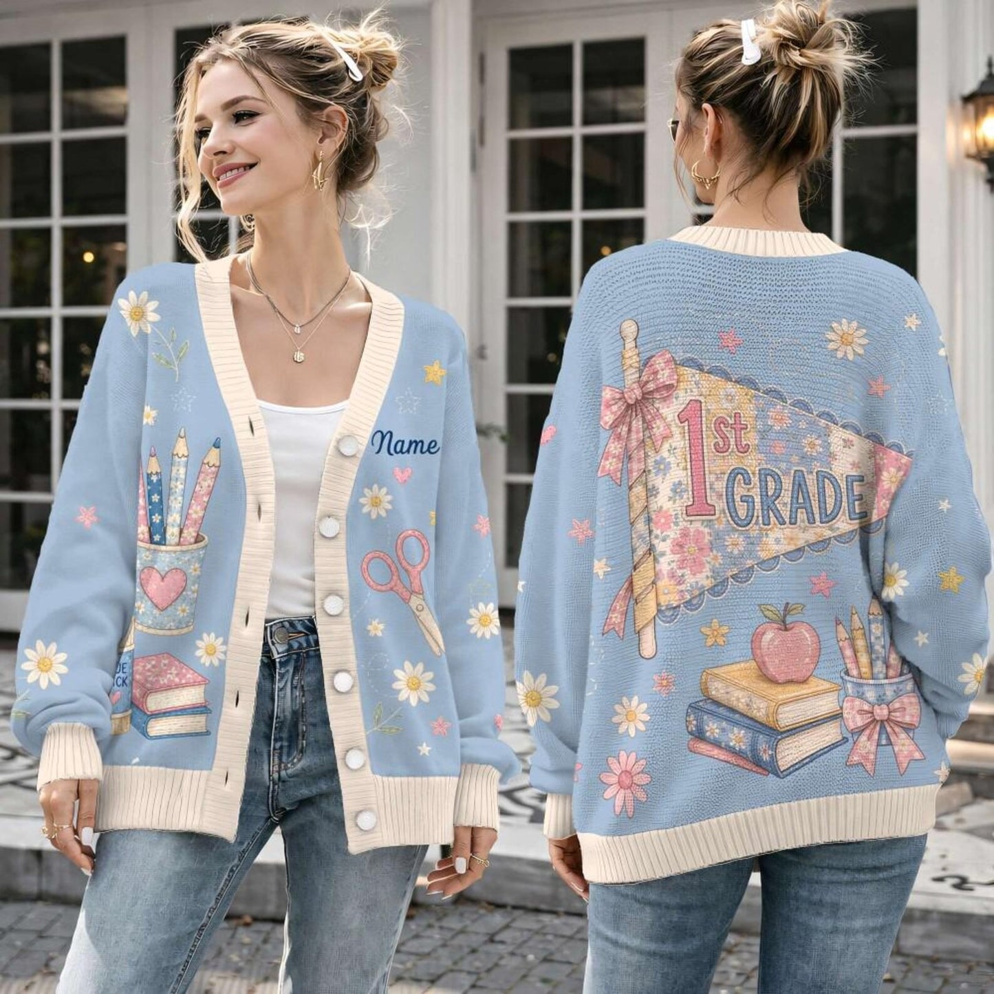 Personalized Any Grade Teacher Rainbow Cardigan Sweater