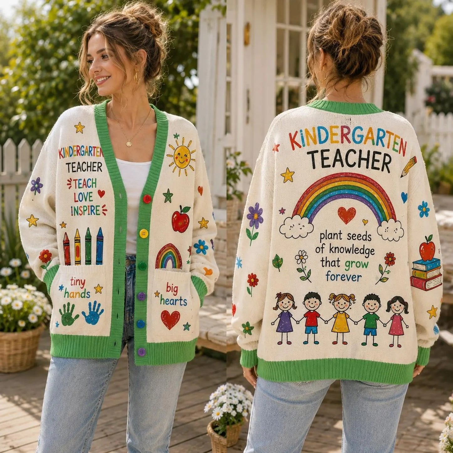 Personalized Kindergarten Teacher Rainbow Cardigan Sweater