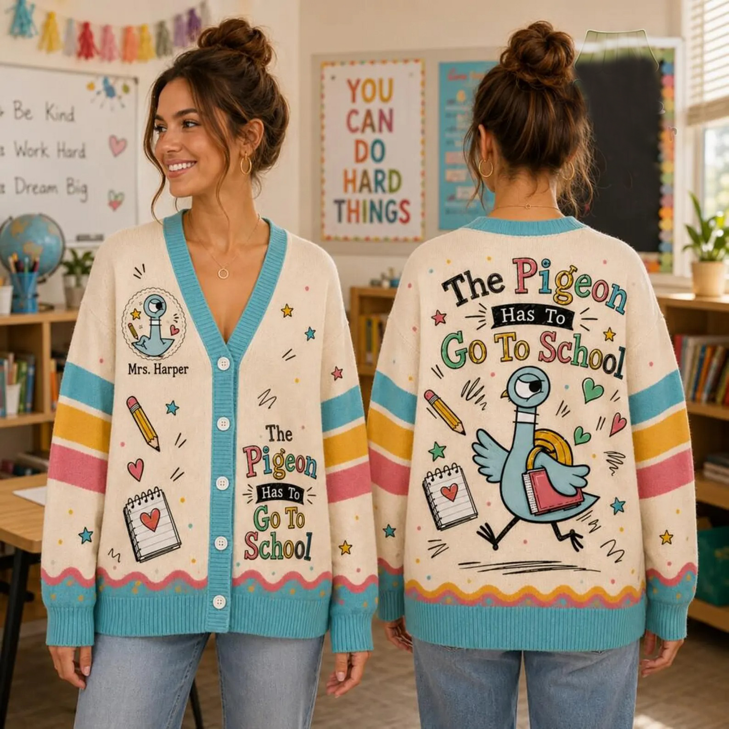 Personalized Teacher Cardigan Sweater-The Pigeon Has To Go To School
