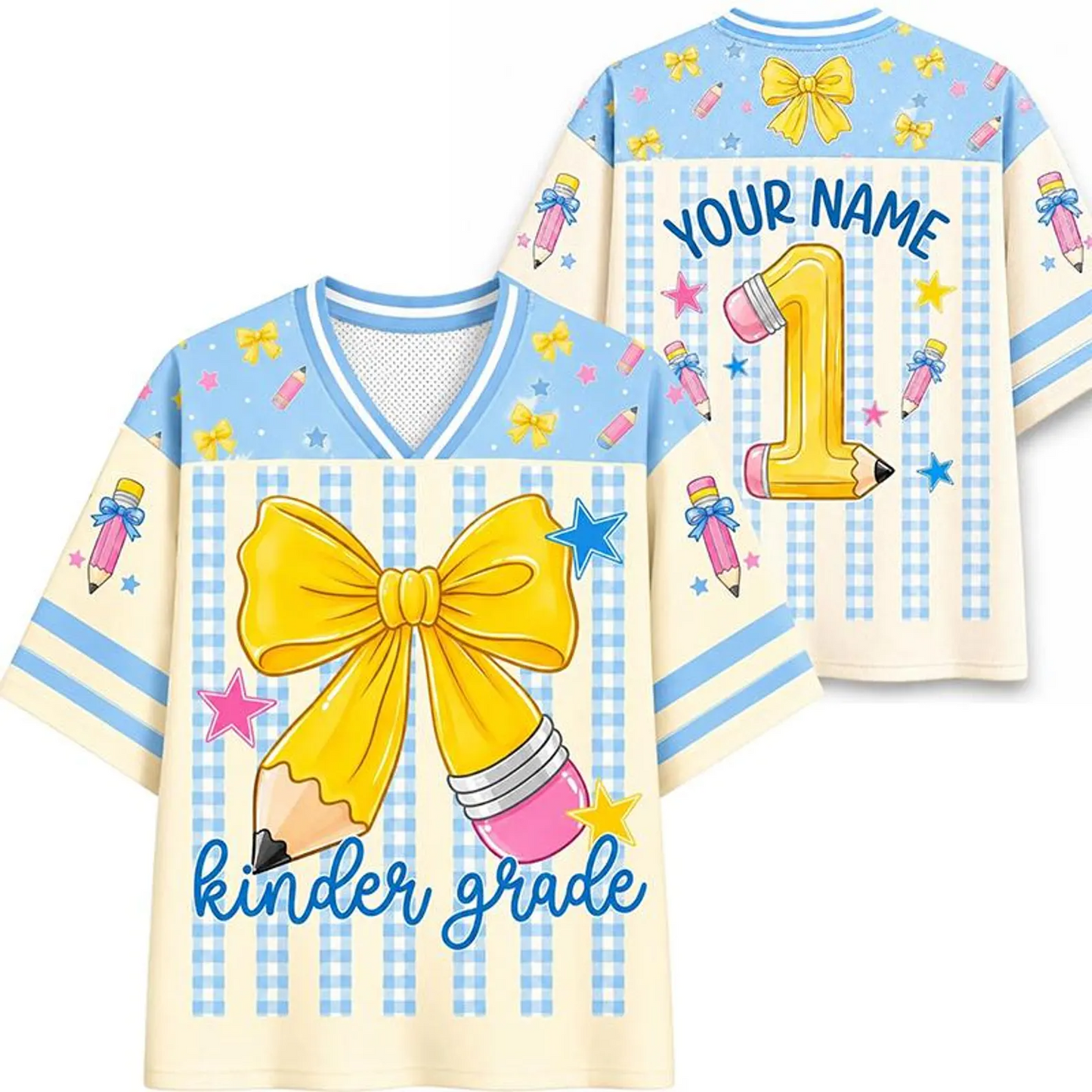 Personalized Grade And Name Gingham Stripes Pencil Bow Teacher Mesh Jersey