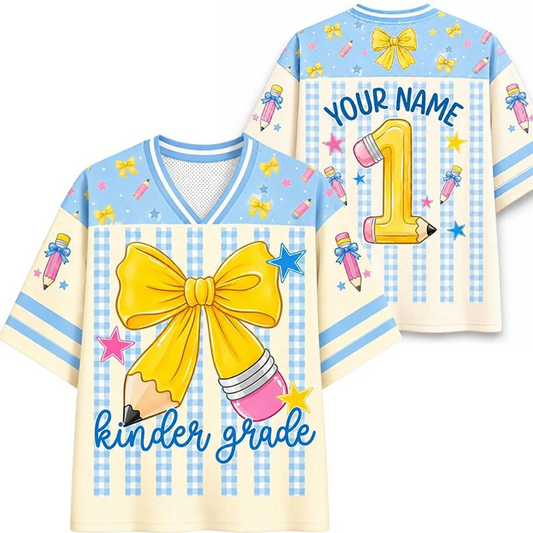 Personalized Grade And Name Gingham Stripes Pencil Bow Teacher Mesh Jersey