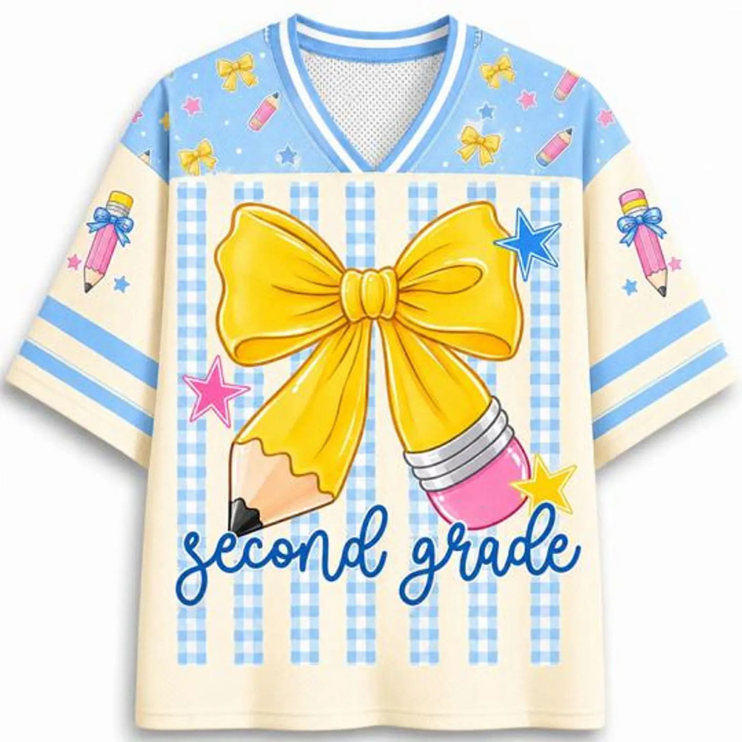 Personalized Grade And Name Gingham Stripes Pencil Bow Teacher Mesh Jersey