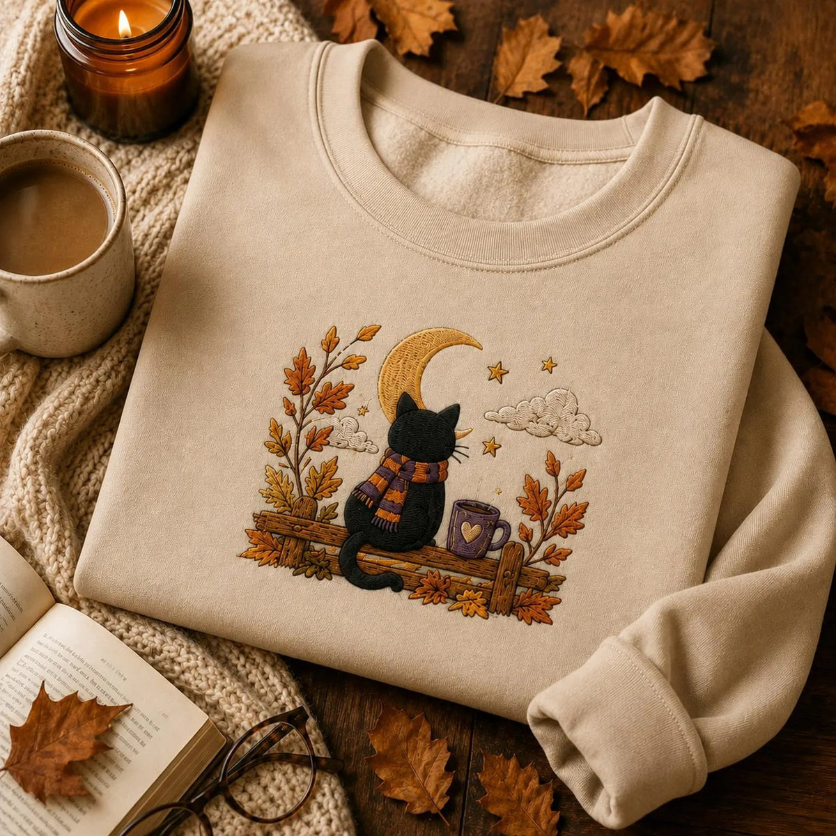 Halloween Black Cat Embroidered Sweatshirt