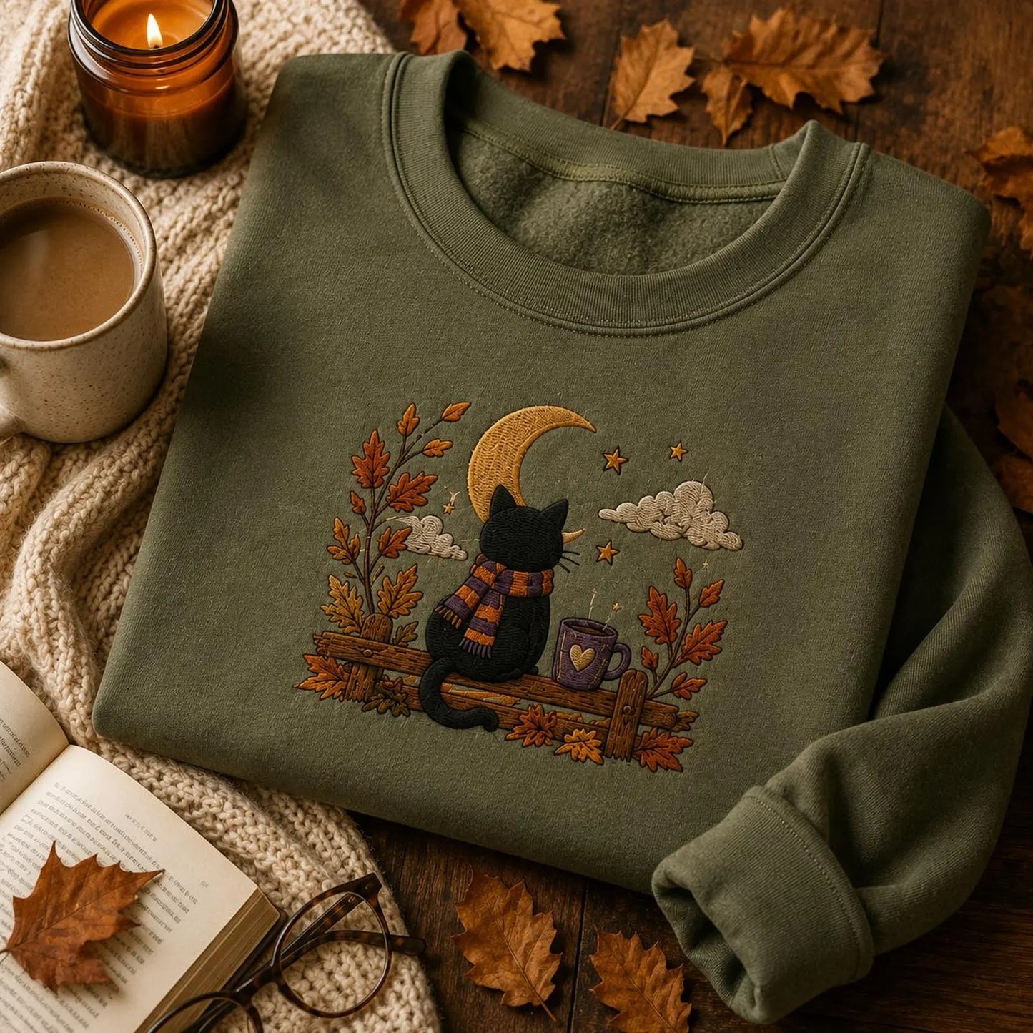 Halloween Black Cat Embroidered Sweatshirt