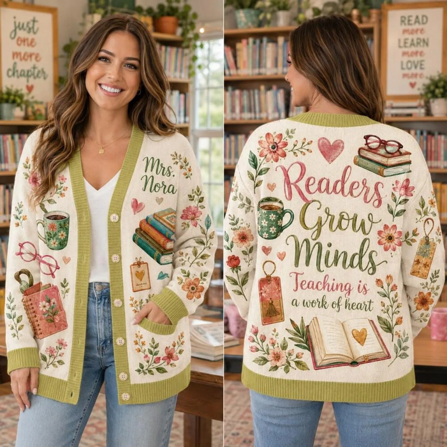 Personalized Teacher Cardigan Sweater- Readers Grow Minds
