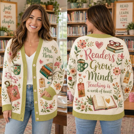 Personalized Teacher Cardigan Sweater- Readers Grow Minds