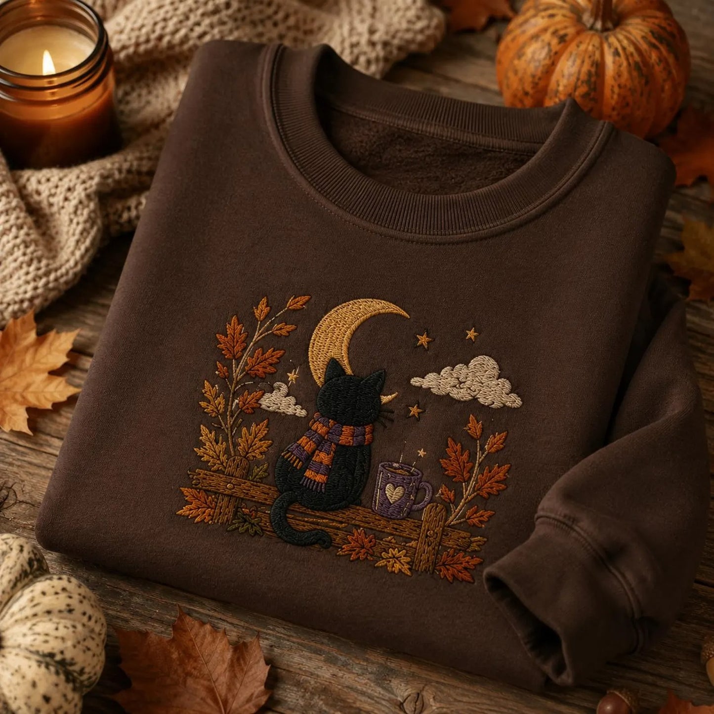 Halloween Black Cat Embroidered Sweatshirt