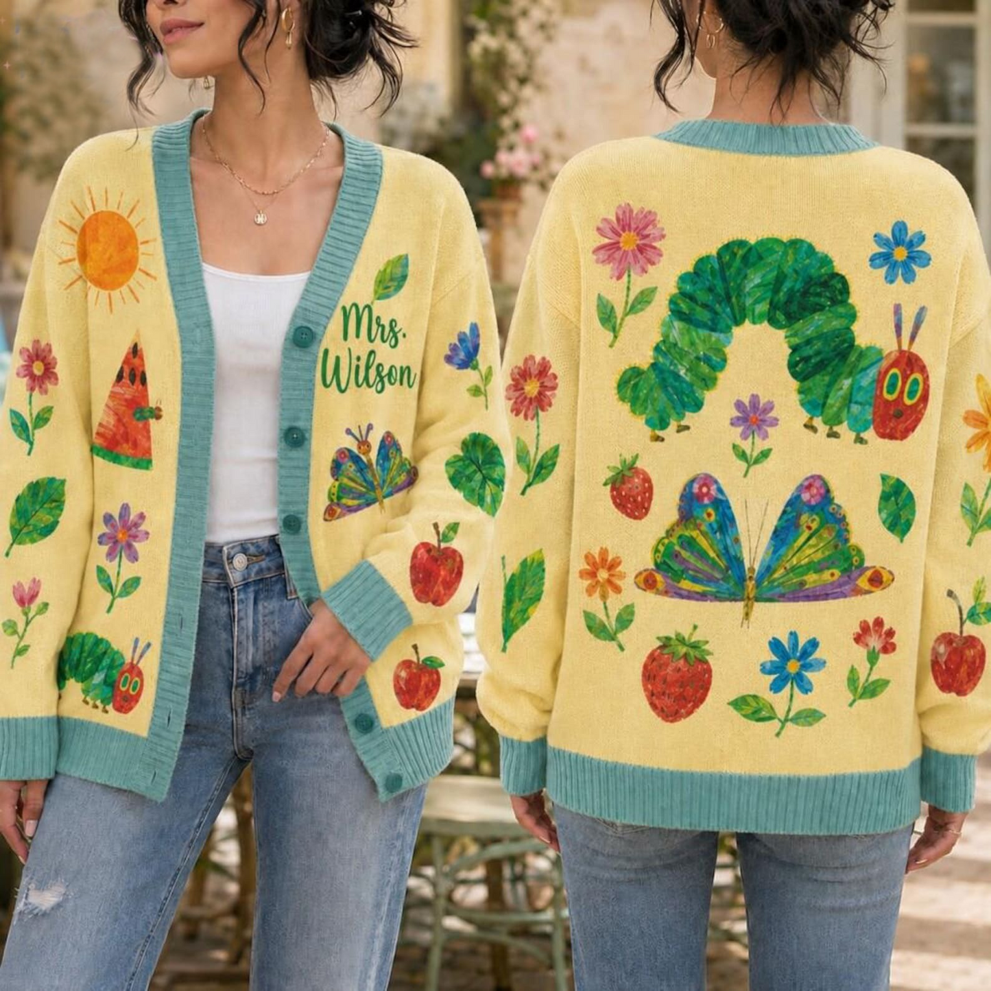 Personalized Teacher Cardigan Sweater- The Very Hungry Caterpillar