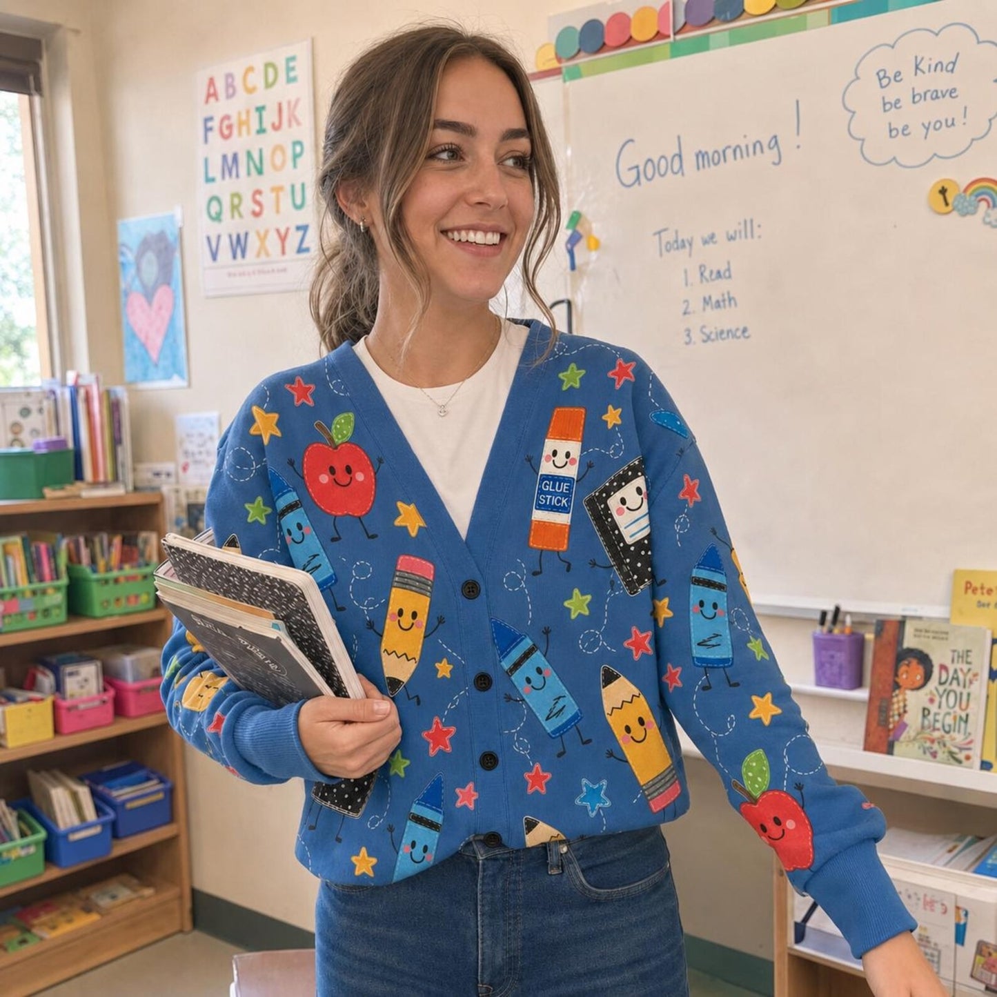 Personalized Teacher Cardigan Sweater-Blue School Supply Doodle Pattern