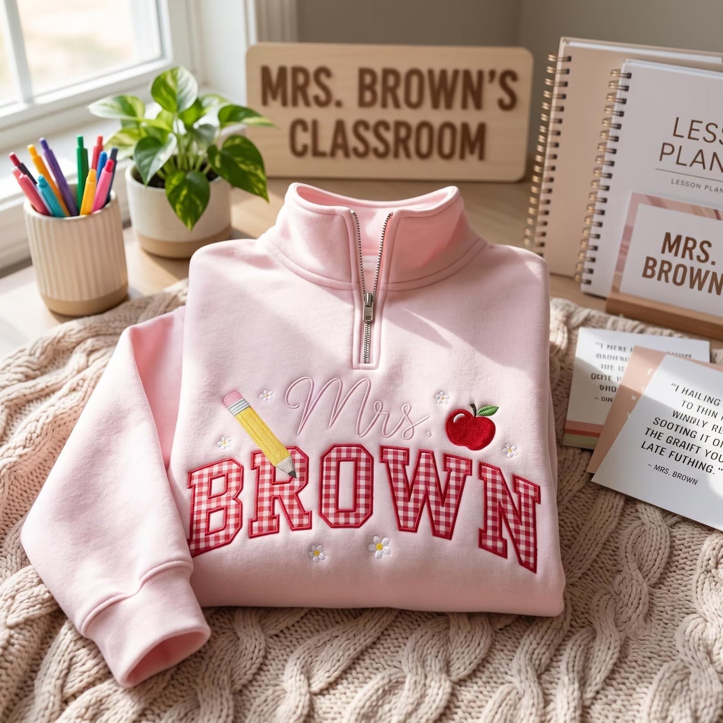 Embroidered Personalized Gingham Teacher Sweatshirt