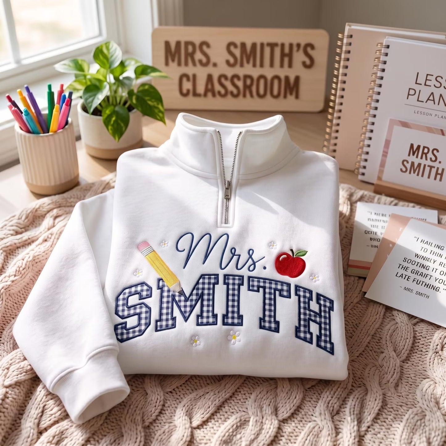 Embroidered Personalized Gingham Teacher Sweatshirt
