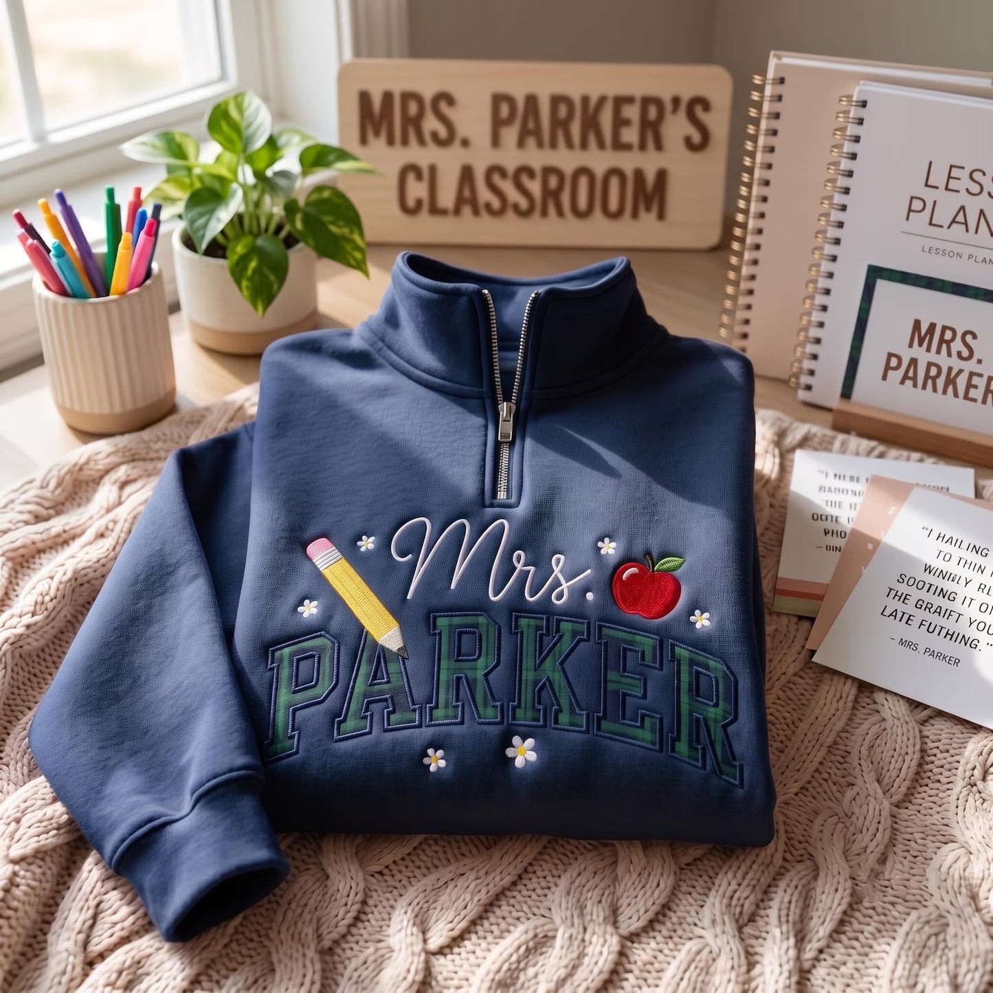 Embroidered Personalized Gingham Teacher Sweatshirt