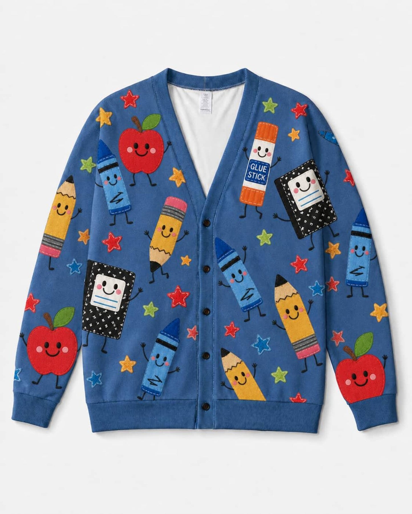 Personalized Teacher Cardigan Sweater-Blue School Supply Doodle Pattern