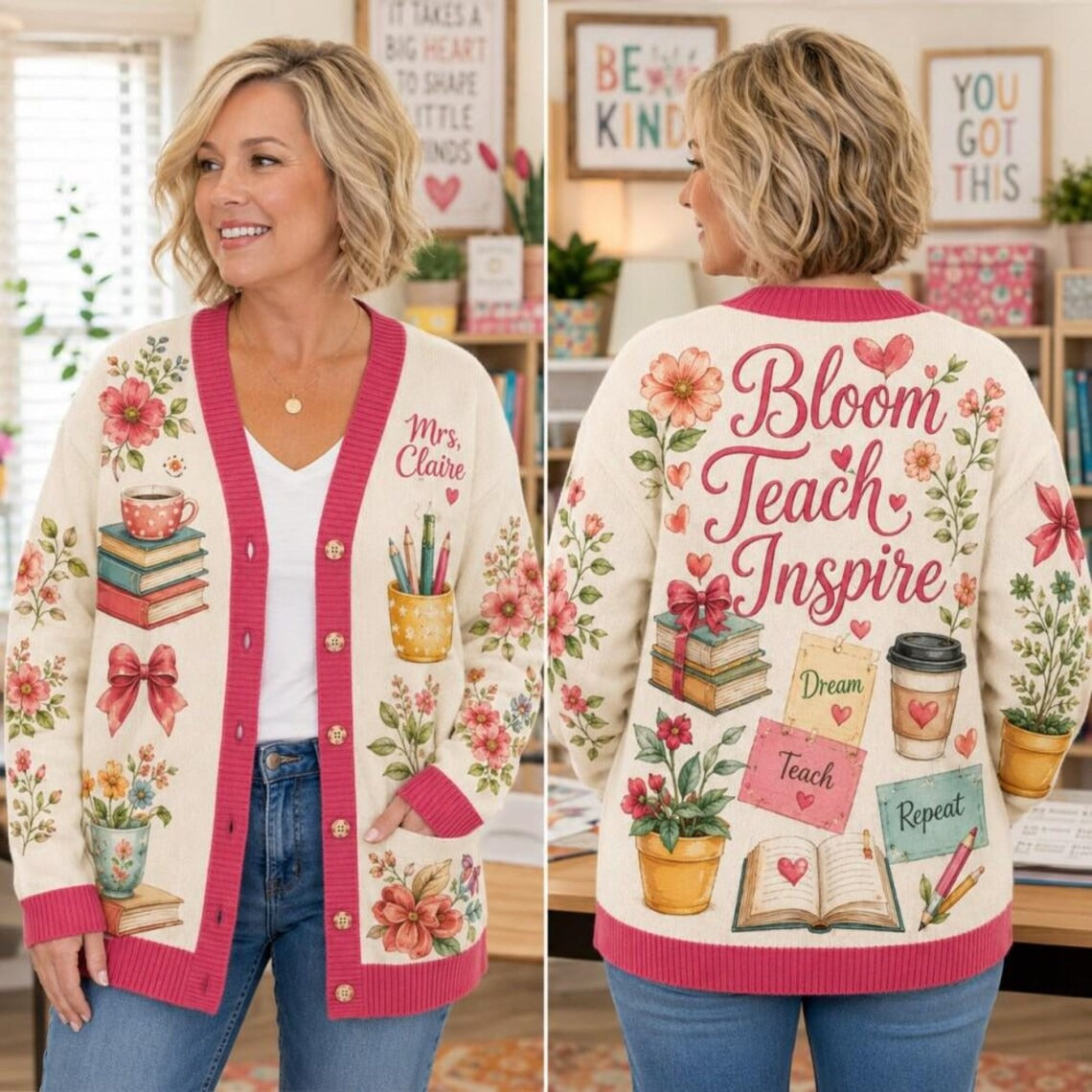 Personalized Teacher Cardigan Sweater-Bloom Teach Inspire