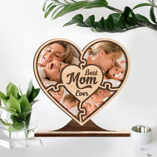 Best Mom Ever, Custom Photo Collage, Heart Shape, Wooden Plaque 3 Layers