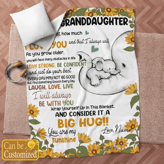 TO MY GRANDDAUGHTER ELEPHANT SUNFLOWER PERSONALIZED BLANKET