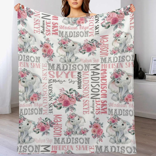 Personalized Gift Flower Elephant Baby Girl Name Custom Blanket