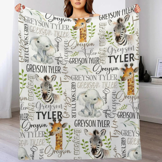 Custom Name Safari Baby Blanket Personalized Gift For Kids