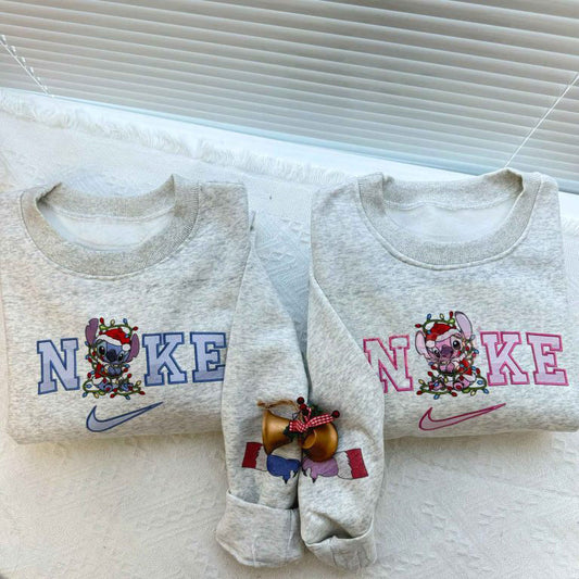 Stitch And Angel Christmas Faux-Embroidered Sweatshirt