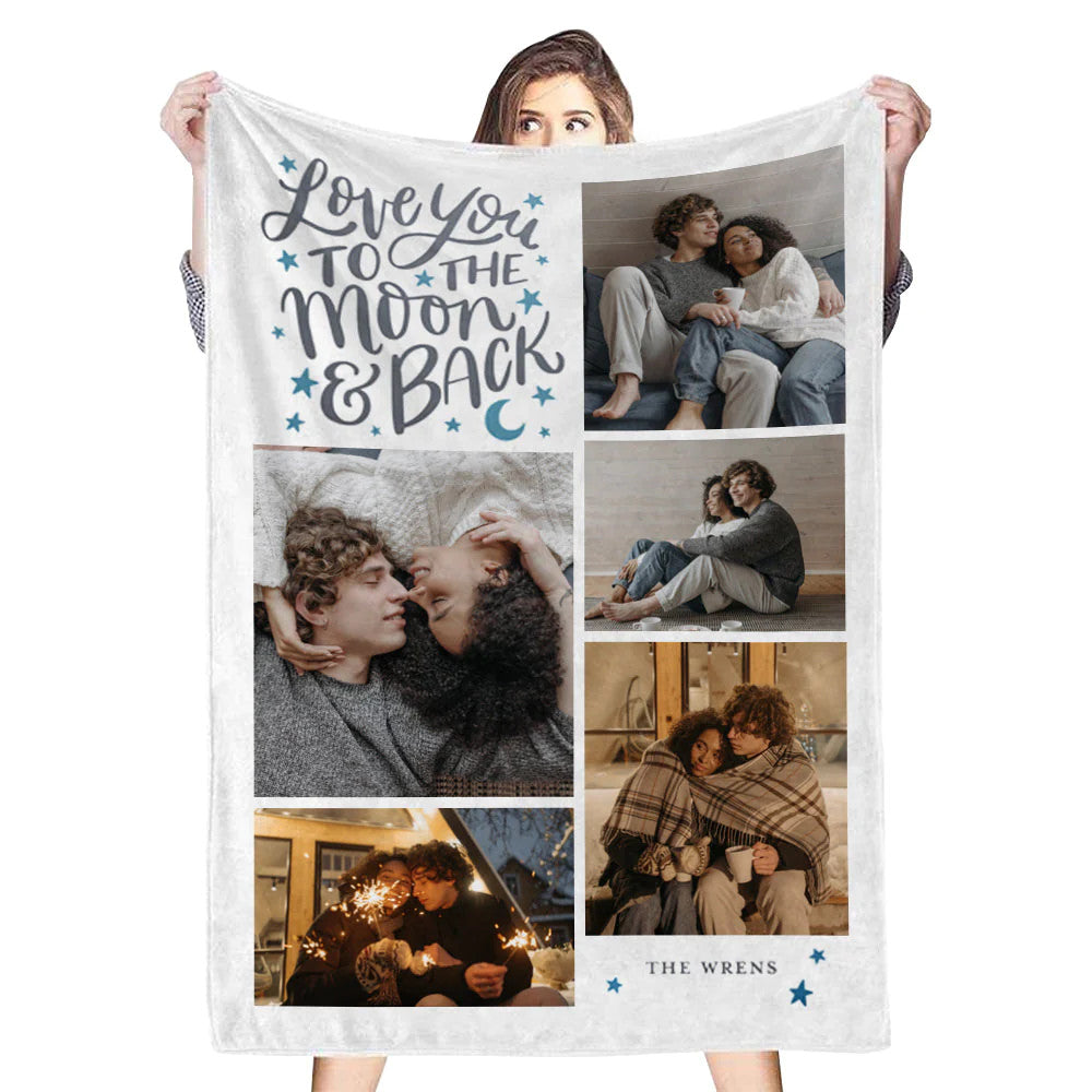 Custom 5 Photos &Text Fleece Blanket Love To The Moon