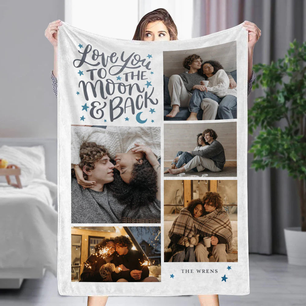 Custom 5 Photos &Text Fleece Blanket Love To The Moon