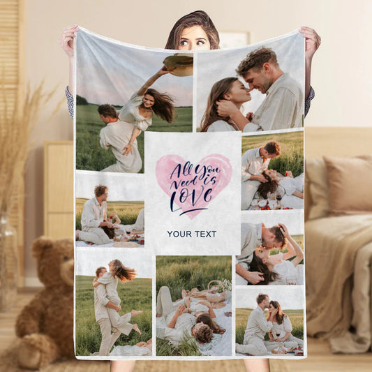 Custom 8 Photos &Text Fleece Blankets All You Need Is Love