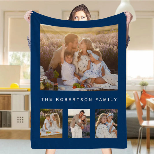 Custom 4 Photos &Text Fleece Blankets Gift For Family
